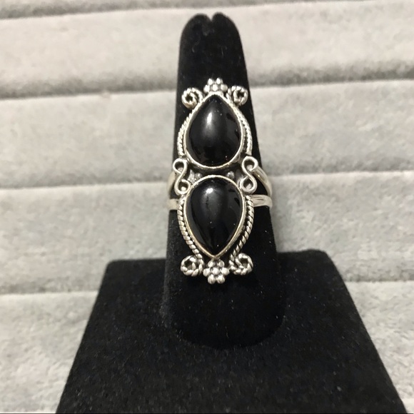 New Genuine Sterling Silver Black Onyx Double Stone Ring Size 8.5-8.75 Crystal - Picture 7 of 16